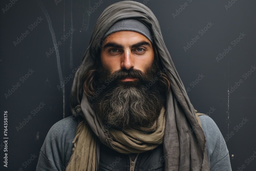 Bearded man, long beard. Brutal caucasian serious unshaven hipster with moustache in brown scarf on black studio background