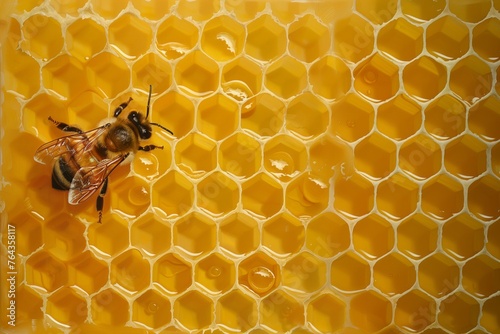 Uma abelha sobre um favo de mel numa colmeia 