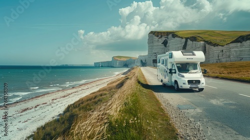 White motorhome parked on a cliffside with blue sky and green grassy hills in the background, overlooking a sea beach with pebbles and waves and rocks. photo