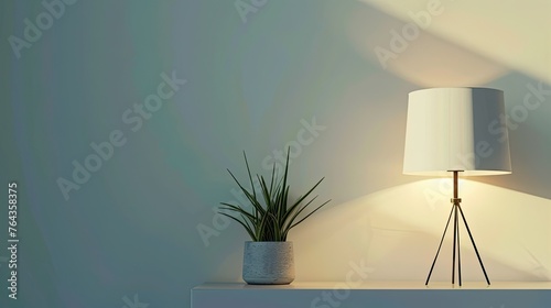 Modern table lamp with white fabric lampshade on a table in front of a gray wall, green plant and space for copy text or design. Isolated stage with studio lighting. photo