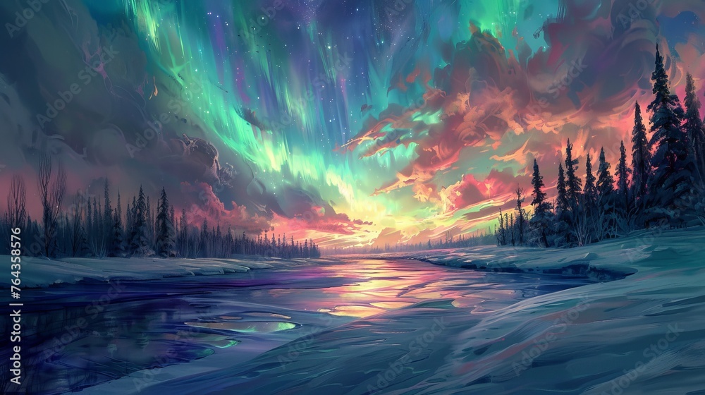 A snowy landscape under the aurora borealis where the sky dances in vivid greens