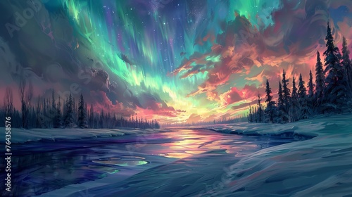 A snowy landscape under the aurora borealis where the sky dances in vivid greens