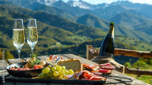 Wooden table with an elegant charcuterie board displaying slices of meat and cheese against a mountain backdrop  with two glasses of champagne  against a backdrop of alpine meadows.