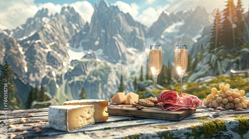 Wooden table with an elegant charcuterie board displaying slices of meat and cheese against a mountain backdrop, with two glasses of champagne, against a backdrop of alpine meadows.