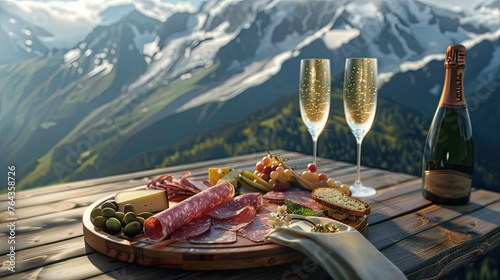 Wooden table with an elegant charcuterie board displaying slices of meat and cheese against a mountain backdrop, with two glasses of champagne, against a backdrop of alpine meadows.
