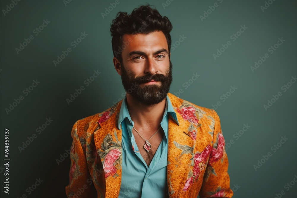 Portrait of a handsome bearded man in a colorful jacket. Men's beauty, fashion. Portrait of a handsome bearded man in a colorful jacket. Men's beauty, fashion.