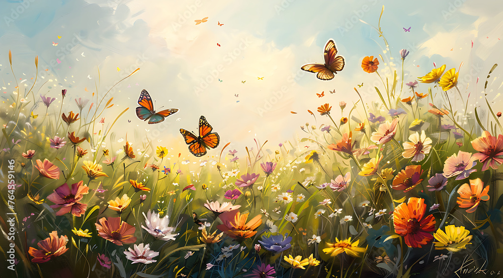 Meadow with flowers and butterflies