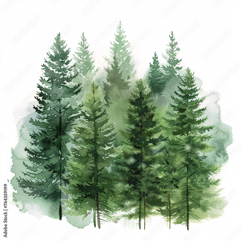 The image depicts a serene watercolor painting of majestic pine rendered in varying shades of green
