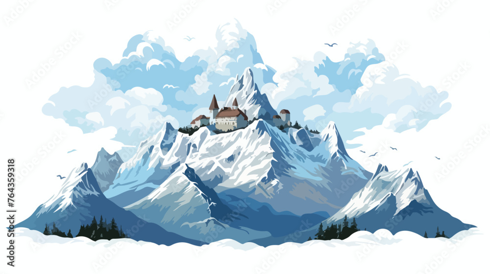Snow-capped mountains between the castle
