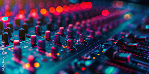 Detailed audio mixer console in a professional sound studio, with glowing LED lights and intricate equipment.