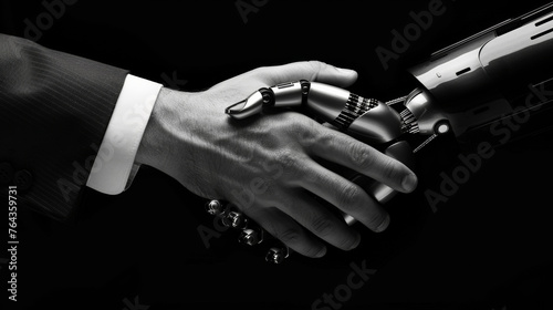 Human hand in a business suit joins with a robotic hand, symbolizing teamwork between humans and ai