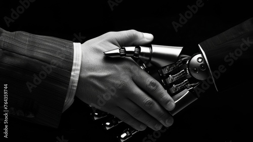 Human handshaking with robot arm against black background