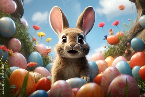 Easter bunny on the background of Easter eggs in the meadow