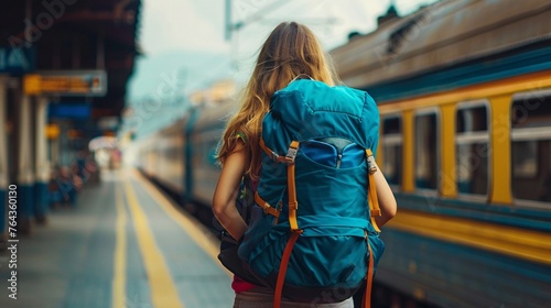 Solo Female Traveler Waiting for Train: Railroad Adventure