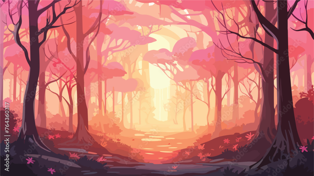Sunrise morning inside fantasy forest painting