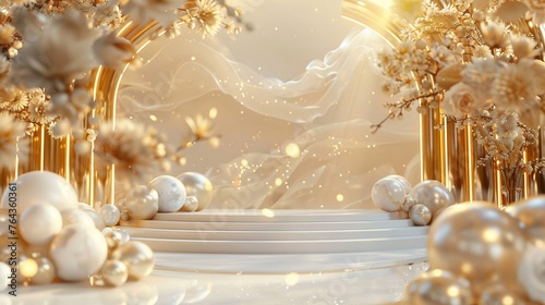 Golden Celebration Stage Decoration: Elegant Greeting Display