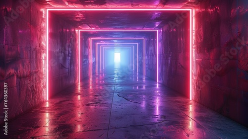 Abstract neon light geometric background. Glowing neon lines. Empty futuristic stage laser. Colorful rectangular laser lines. Square tunnel. Night club empty room. Laser show design