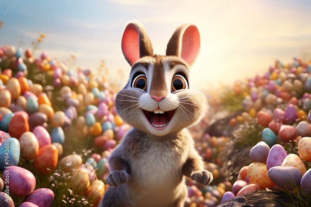 Fototapeta premium Easter bunny on the background of Easter eggs in the meadow
