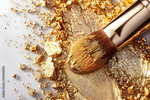 Golden Makeup Brush on White Background: Professional Photo with Copy Space. Concept Product Photography, Professional Makeup Tools, Minimalist Design, White Background, Copy Space