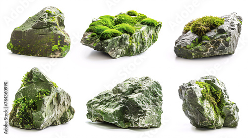 moss-covered rocks isolated on white background, with full depth of field and deep focus fusion