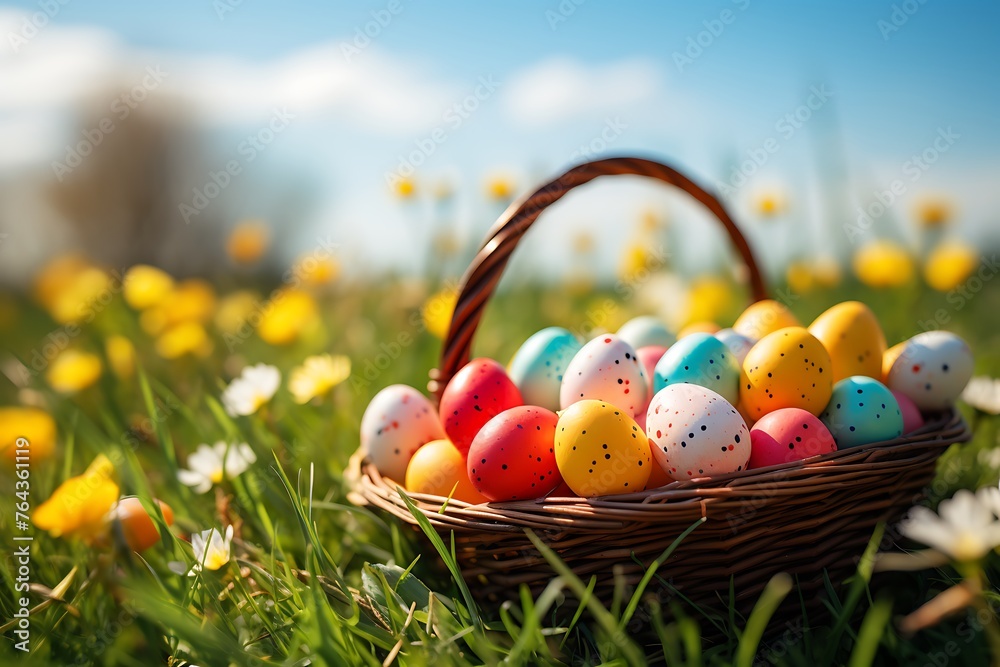Colorful easter eggs in basket on green grass with yellow flowers Colorful easter eggs in basket on green grass with yellow flowers