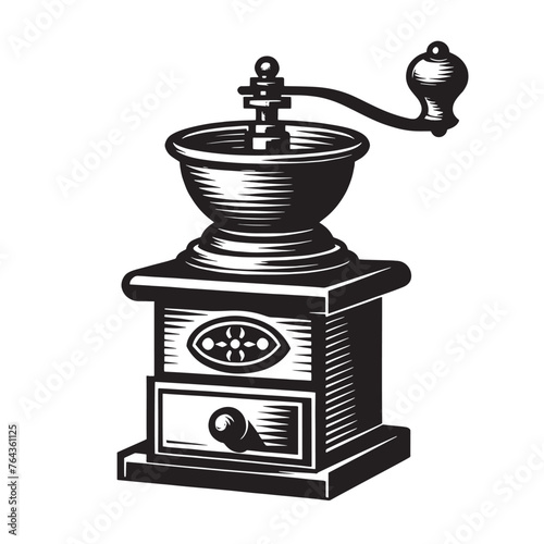 Vintage Vector Coffee grinder icon, authentic Retro logo Mill Classic beans crushing Equipment symbol,