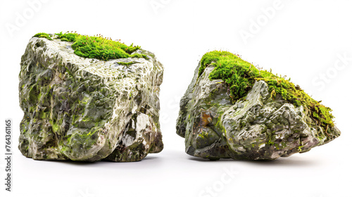 moss-covered rocks isolated on white background, with full depth of field and deep focus fusion