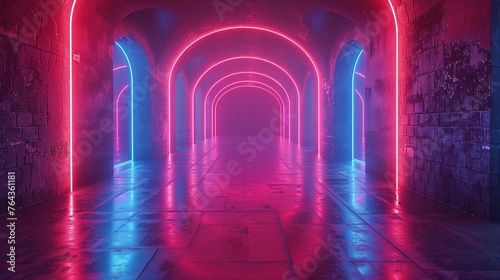 Abstract neon light geometric background. Glowing neon lines. Empty futuristic stage laser. Colorful rectangular laser lines. Square tunnel. Night club empty room. Laser show design