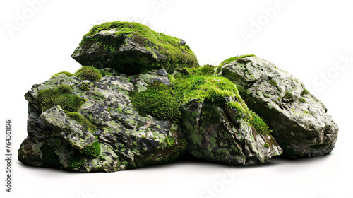 moss-covered rocks isolated on white background, with full depth of field and deep focus fusion