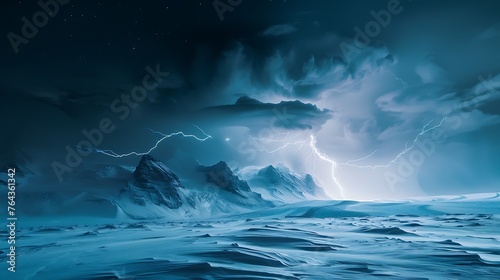 A beautiful winter landscape with snow-capped mountains and a stormy sky. The lightning bolts add a dramatic touch to the scene.