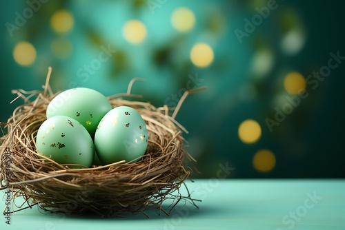 Colorful easter eggs in basket on green