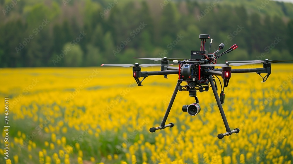 Future Farming Innovation: Hexacopter Drone Over Rapeseed Field Future Farming Innovation: Hexacopter Drone Over Rapeseed Field