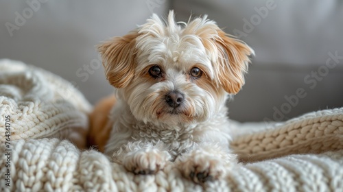 Adorable fluffy dog relaxing on cozy blanket