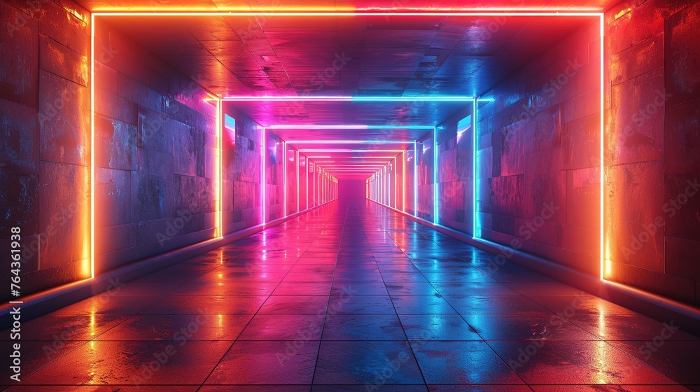 Abstract neon light geometric background. Glowing neon lines. Empty futuristic stage laser. Colorful rectangular laser lines. Square tunnel. Night club empty room. Laser show design Abstract neon light geometric background. Glowing neon lines. Empty futuristic stage laser. Colorful rectangular laser lines. Square tunnel. Night club empty room. Laser show design