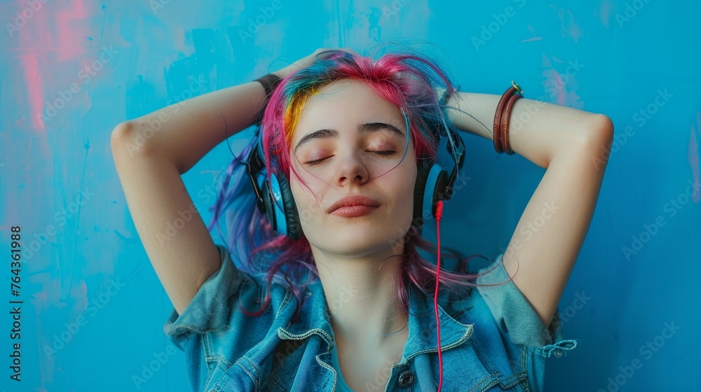 Stylish Freedom: Happy Woman Enjoying Music with Wireless Headphones Stylish Freedom: Happy Woman Enjoying Music with Wireless Headphones