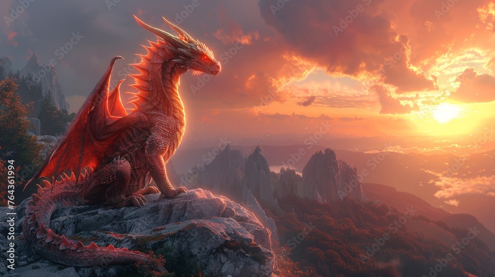 Majestic red dragon overlooking sunset landscape Majestic red dragon overlooking sunset landscape