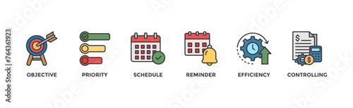 Time management banner web icon vector illustration concept with icon of objective, priority, schedule, reminder, efficiency, alerts, and controlling