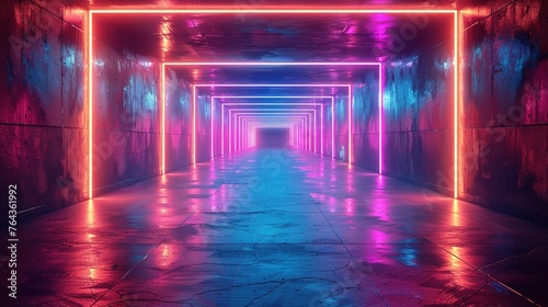 Abstract neon light geometric background. Glowing neon lines. Empty futuristic stage laser. Colorful rectangular laser lines. Square tunnel. Night club empty room. Laser show design © Jennifer