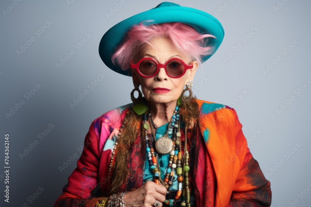 Fashionable senior woman with pink hair and colorful accessories. Studio shot.
