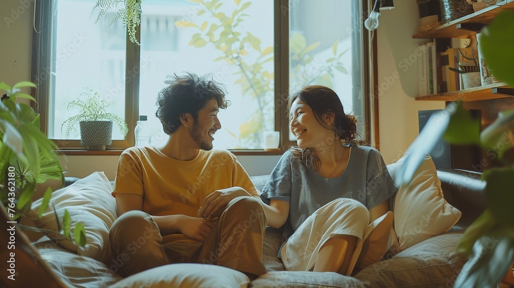 Fototapeta premium Joyful Bonding: Friends Relaxing and Chatting in Living Room