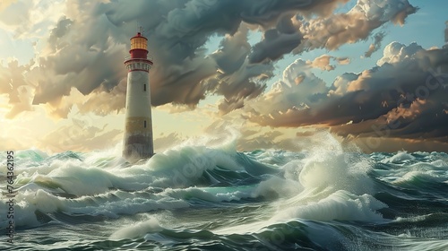 a lighthouse standing tall amidst turbulent waves, symbolizing the idea of providing guidance and direction in the competitive market landscape, representing a strategic marketing advantage