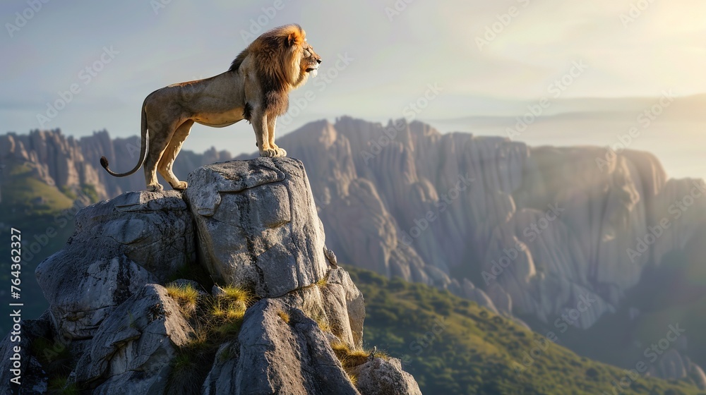 a lion standing atop a mountain peak, surveying the landscape below, symbolizing the idea of dominance and superiority in the competitive market landscape achieved through strategic marketing efforts a lion standing atop a mountain peak, surveying the landscape below, symbolizing the idea of dominance and superiority in the competitive market landscape achieved through strategic marketing efforts