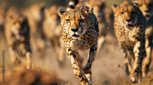 a cheetah sprinting ahead of a pack of competitors, symbolizing the concept of speed and agility as a competitive advantage in strategic marketing