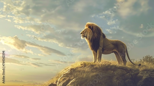 a lion standing confidently atop a hill, overlooking a vast savanna, symbolizing the concept of strength, leadership, and dominance as essential elements of strategic marketing advantage