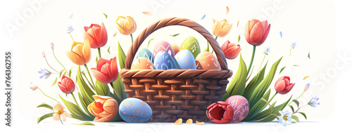 Colorful eggs in basket with tulip flower and leaves for holiday. Nest full of chocolate egg and spring flowers. Springtime template for greeting card, banner, poster © ratatosk