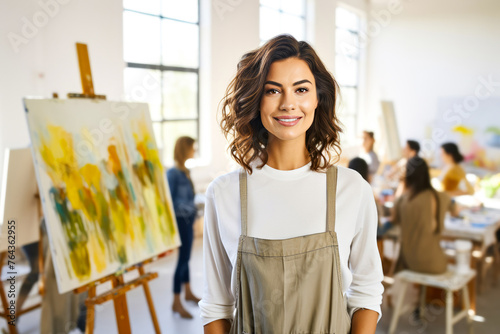 A female art instructor, donning a slate apron, radiates positivity in her art studio, with the backdrop of students diligently crafting their art. Concept of the engaging power of artistic education