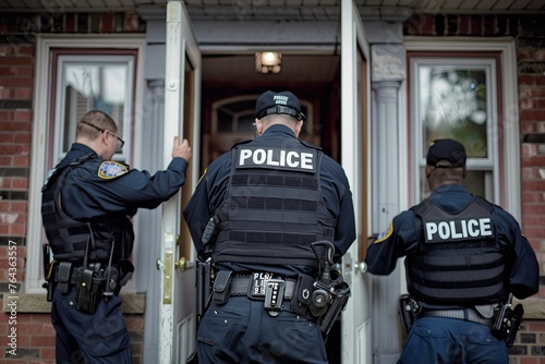 Police officers knocking at a front door of a house photo