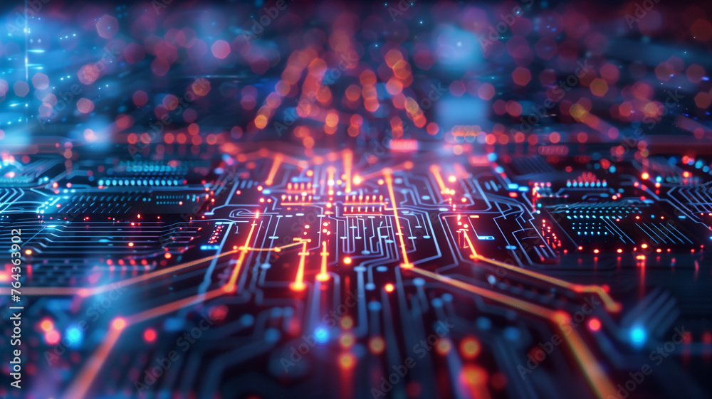 Close up of a high technology futuristic circuit board with neon light. Close up of a high technology futuristic circuit board with neon light.