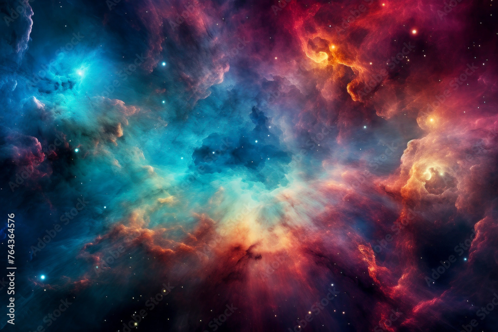 Colorful red blue nebula in space. Bright stars against interstellar gas cloud
