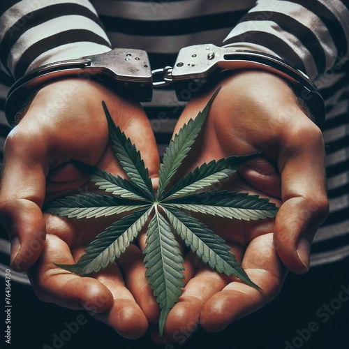 Handcuffed hands of an arrested cannabis consumer. Cannabis leaf. Consumer was caught with weed and arrested. Law and police concept. Legalization. Marijuana ganja weed. Generative AI photo